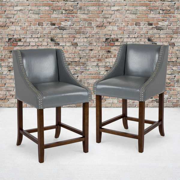 Flash Furniture Gray Leather/Wood Stool, 24" 2-CH-182020-24-LTGY-GG