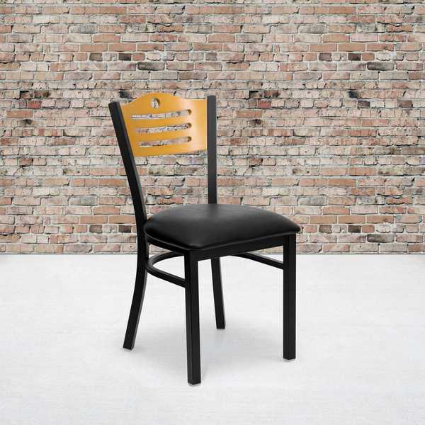 Flash Furniture Black Slat Back Metal Chair, Natural Wood Back, Black Vinyl Seat, PK2 2-XU-DG-6G7B-SLAT-BLKV-GG