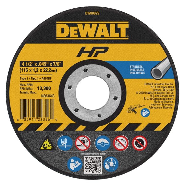 Dewalt High-Performance Stainless Steel Cutting Wheels DW8062S