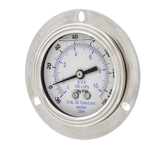 Pic Gauges Gauge, 2.5", 30/0/150psi, 1/4"CBM, SS, FrtFlg PRO-304L-254CF-01