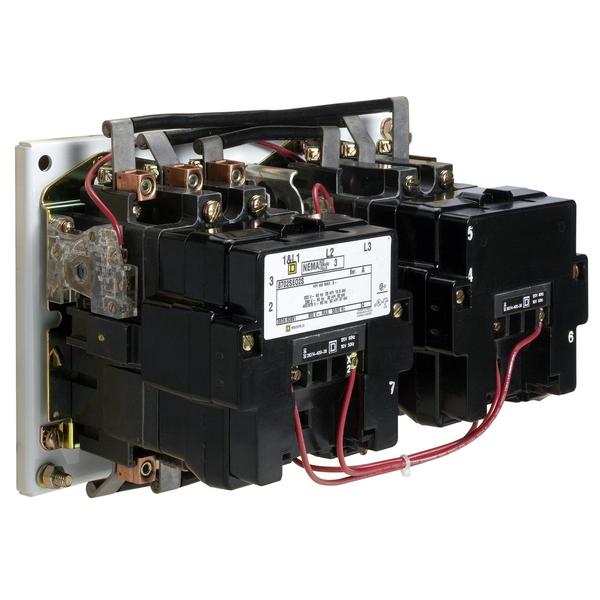 Square D NEMA Contactor, Type S, reversing, horizontal, Size 4, 135A, 100HP at 575VAC, 3 phase, up to 100kA, 3 pole, 120VAC coil, open style 8702SFO3V02S