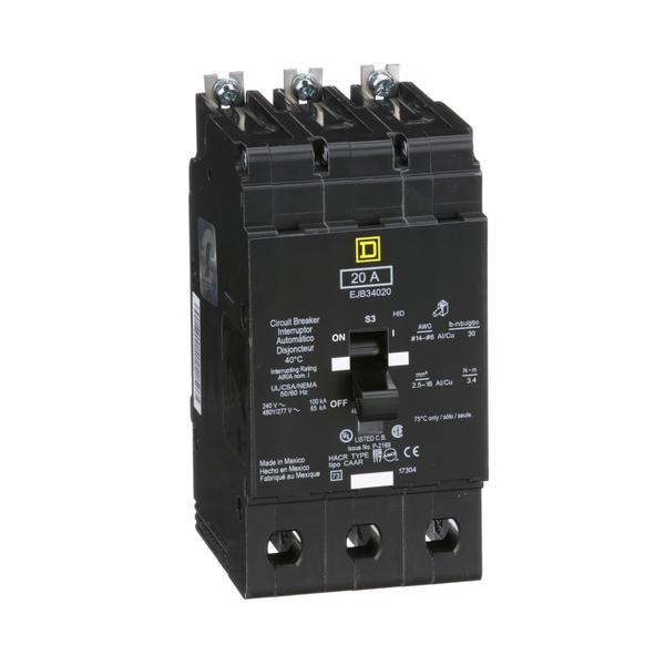 Square D Miniature Circuit Breaker, EJB Series 20A, 3 Pole, 277/480V AC EJB34020