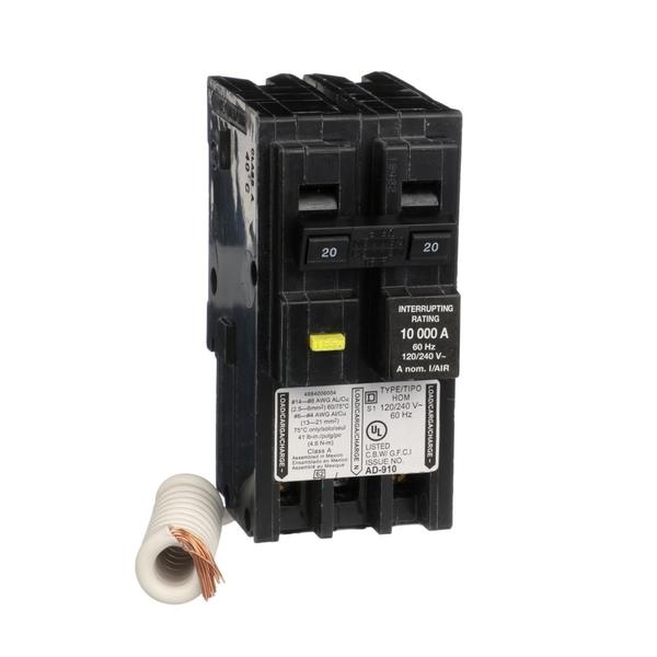 Square D Miniature Circuit Breaker, HOM Series 20A, 2 Pole, 120/240V AC, A Curve HOM220GFIC