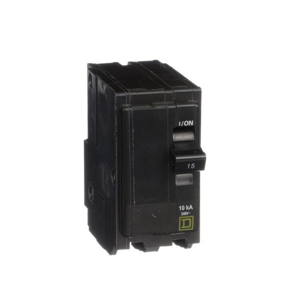 Square D Mini circuit breaker, QO, 15A, 2 pole, 120/240VAC, 10kA, plug in, ring QO215H5237