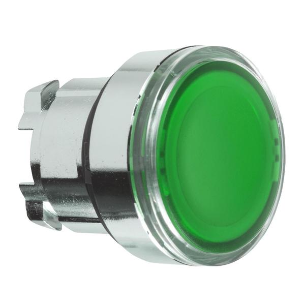 Schneider Electric Head for illuminated push button, Harmony XB4, metal, green flush, 22mm, universal LED, for insertion legend ZB4BA38