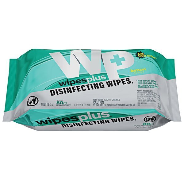 Wipesplus Disinfecting Surface Wipes, 80 Wip, PK12, 7 in x 8 in, Lemon, 12 PK 37701