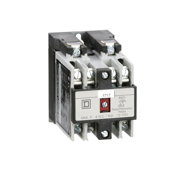 Square D NEMA Control Relay, Type X, machine tool, 10A resistive at 600 VAC, 1 NO and 1 NC contacts, 110/120 VAC 50/60 Hz coil 8501XO11V02