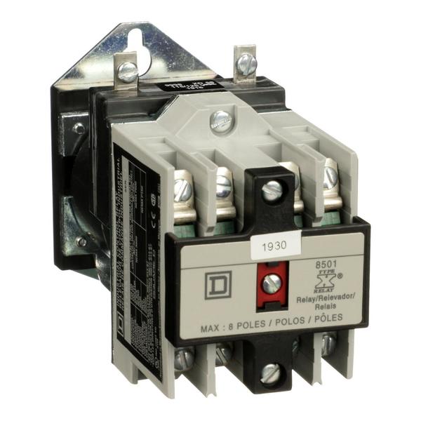 Square D NEMA Control Relay, Type X, machine tool, 10A resistive at 600 VAC, 4 normally open contacts, 115/125 VDC coil, pan head 8501XDO40V62Y414