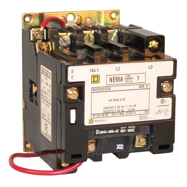 Square D NEMA Contactor, Type S, nonreversing, Size 1, 27A, 10HP at 575VAC, 3 phase, up to 100kA, 4 pole, 120VAC coil, open 8502SCO3V02S