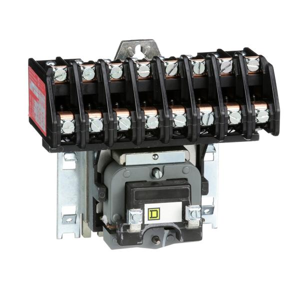 Square D Contactor, Type L, multipole lighting, electrically held, 30A, 8 pole, 600V, 110/120VAC 50/60Hz coil, open style 8903LO08V02
