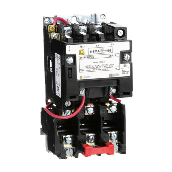 Square D Starter 600Vac 9Amp Nema +Options, Not Rated NEMA Rating, 24V AC, 3 Poles, No Auxiliary Contacts 8536SAO12V01S