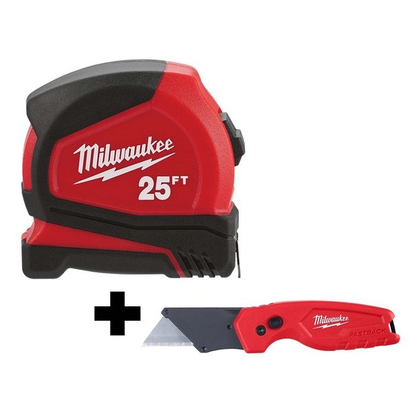Milwaukee Tool Tape Measure, 25ft, w/Fold Utility Knife 48-22-6625, 48-22-1500