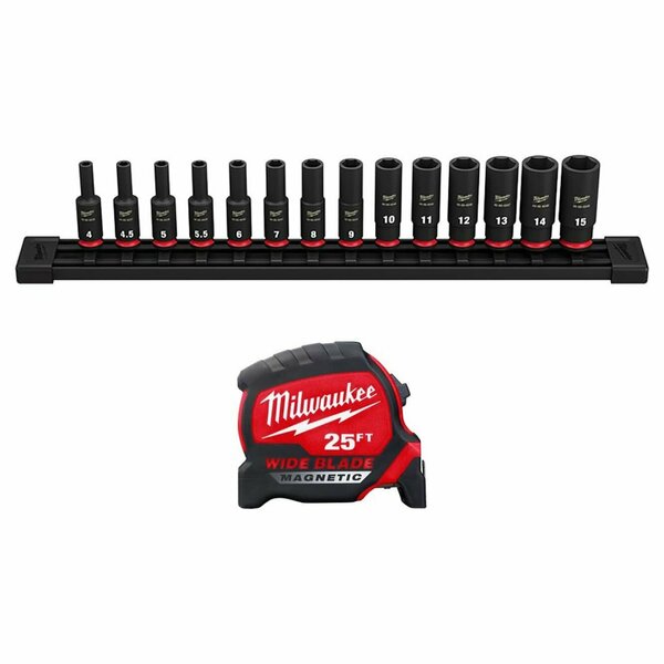 Milwaukee Tool Impact Socket Set, 25ft Tape Measure 49-66-7003, 48-22-0225M