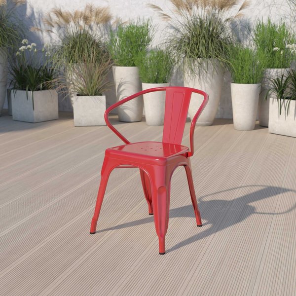 Flash Furniture Red Metal Indoor-Outdoor Chair with Arms 4-CH-31270-RED-GG