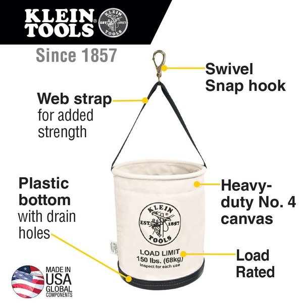 Klein Tools Canvas Bucket, All-Purpose with Swivel Snap and Drain Holes, 12- Inch 5109SLR Zoro