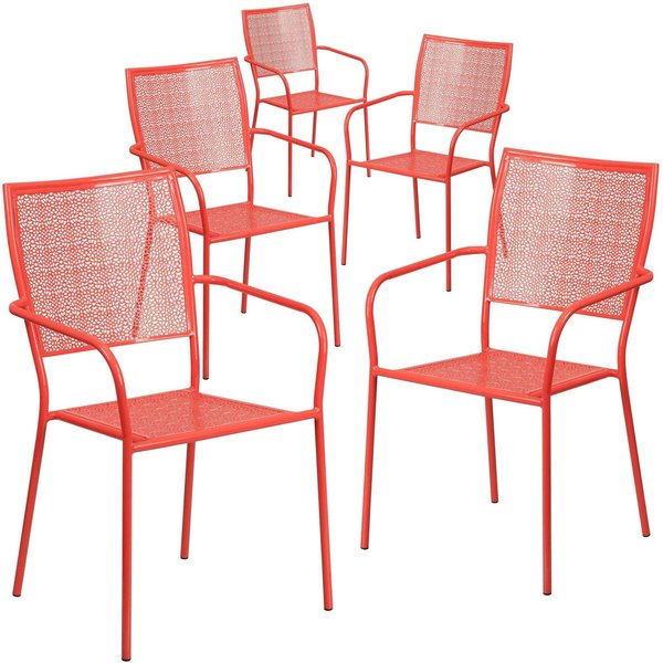 Flash Furniture 5Pack Coral Steel Patio Arm Chair with Square Back 5-CO-2-RED-GG