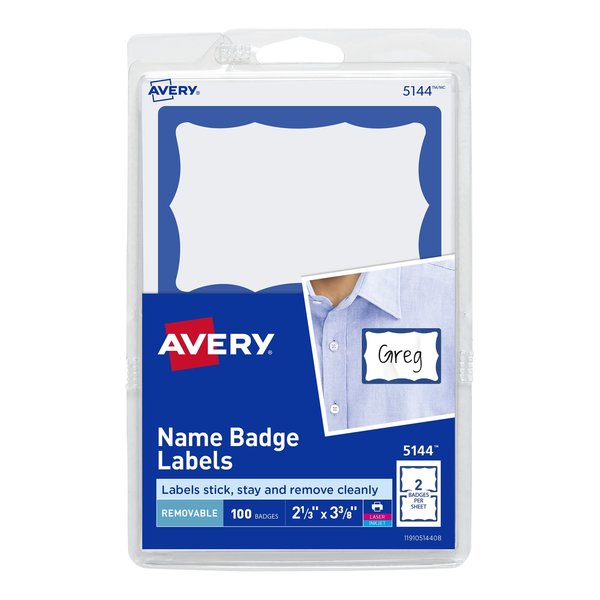 Avery Name Tag Stickers, White Rectangl, PK100 5144