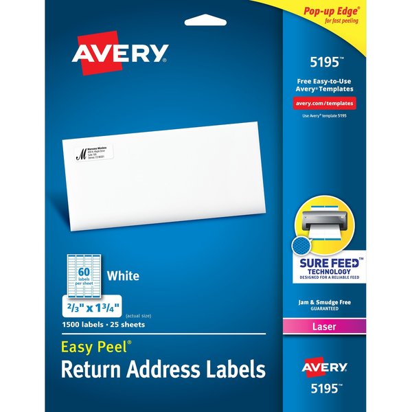 Avery Easy Peel Return Address Labels, PK1500 5195