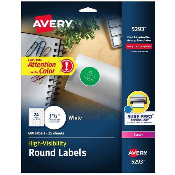 Avery High Visibility Round Labels with, PK600 5293