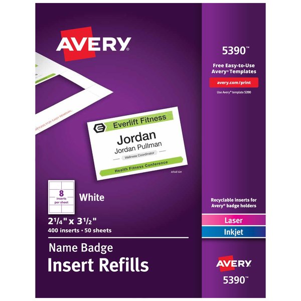 Avery Name Badge Insert Refills, 2-1/4", PK400 5390