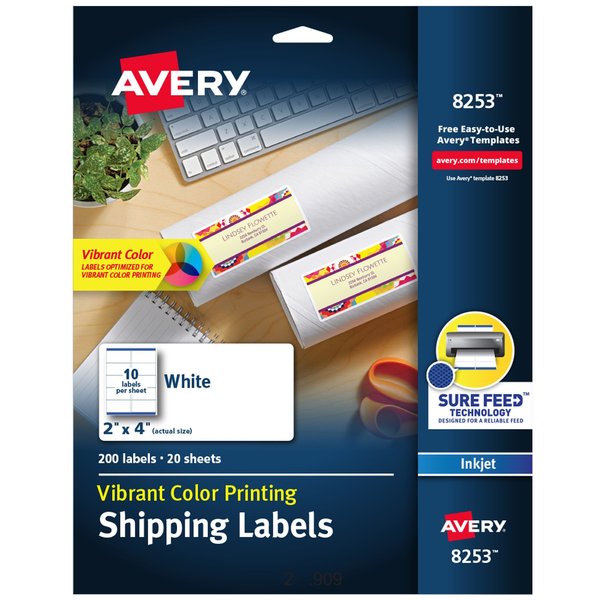 Avery Color Printing Labels, Sure Feed, PK200 8253