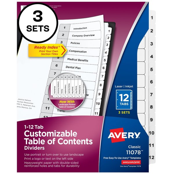 Avery Ready Index 12 Tab Binder Dividers, PK3 11078