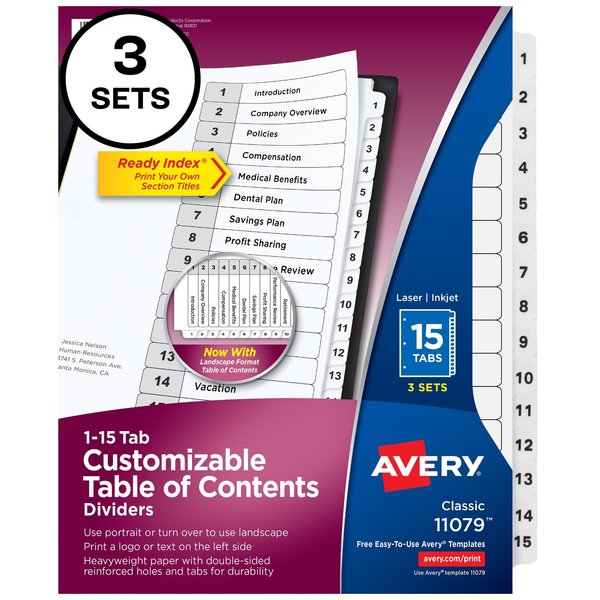 Avery Ready Index 15 Tab Binder Dividers, PK3 11079