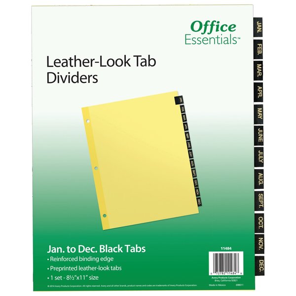 Office Essentials Black Leather Preprinted Tab Dividers 11484