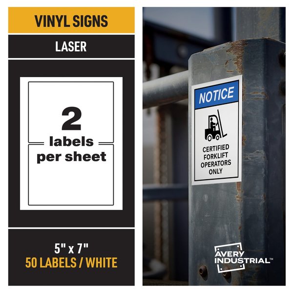 Avery Industrial Adhesive Vinyl Labels, PK50 61551