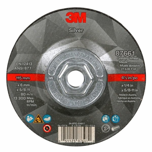 3M Depressed Center Wheels, Type 27, 4 1/2 in Dia, 0.25 in Thick, 5/8"-11 Arbor Hole Size 87661
