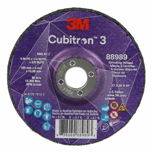 3M Cubitron 3M Cubitron 3 Depressed Center Grinding Wheel, 88989, 36+, T27, 4 in x
1/4 in x 5/8 in (100x6x15.88mm) ANSI, 10/Pack 88989