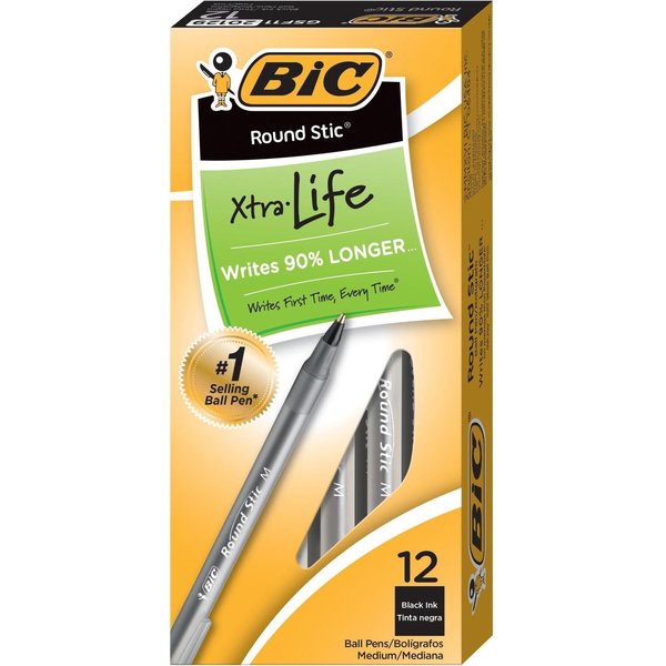 BIC Round Stic Ball Pen, Fine Point, 0.8 mm, Black Ink, Pack of 12