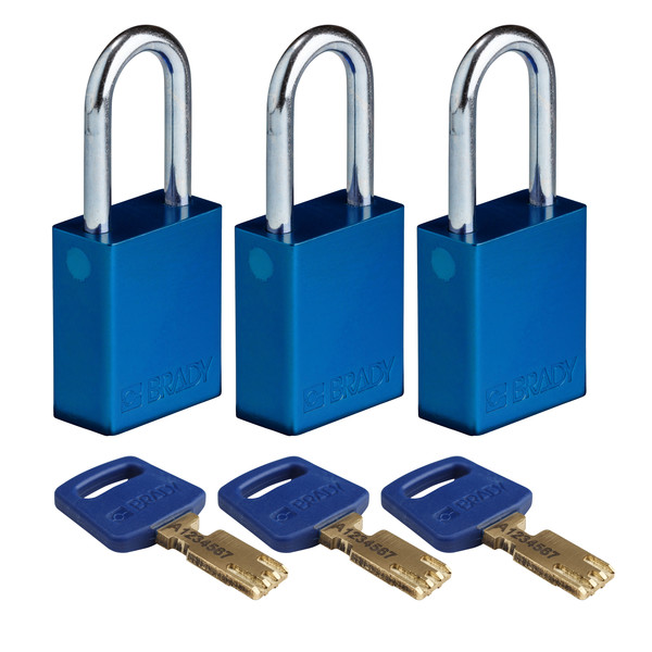 Brady Safekey Lockout Padlock Aluminum Blue 1.5" ALU-BLU-38ST-KA3PK