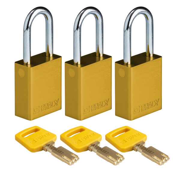 Brady Safekey Lockout Padlock Aluminum Yellow 1.5 ALU-YLW-38ST-KA3PK