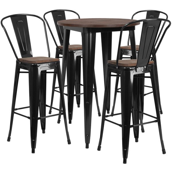 Flash Furniture Round Black Metal Bar Table Set with Woo, 30" W, 30" L, 42" H, Wood Top, Wood Grain CH-WD-TBCH-25-GG