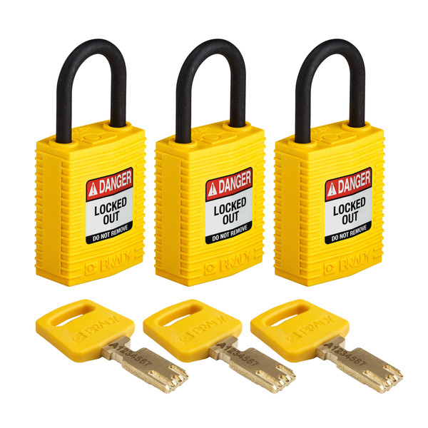 Brady Safekey Lockout Padlock Nylon Yellow 1.0" P CPT-YLW-25PL-KA3PK