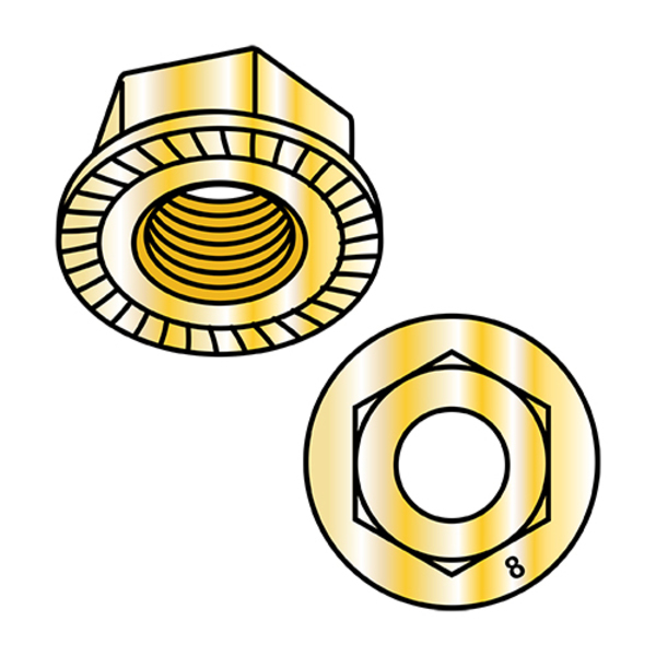 Zoro Select Flange Nut, M8-1.25, Steel, Class 8, Zinc Yellow, 13 mm Hex Wd, 1500 PK M8D6923S-8Y