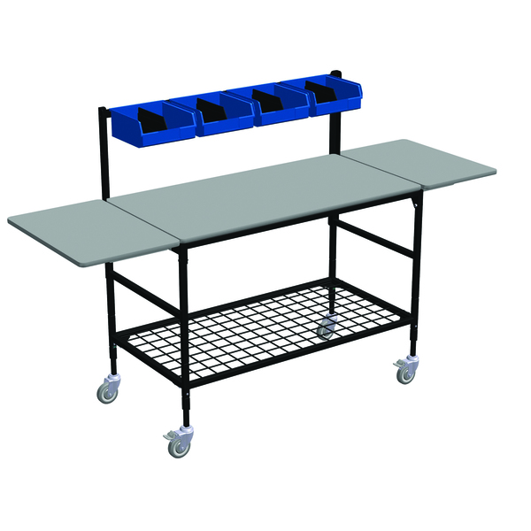 Irsg Large Mobile Table w/Drop Lves, Bin Rack, 4 Sort Bins & Btm Grid Shlf ERGO-50-K5
