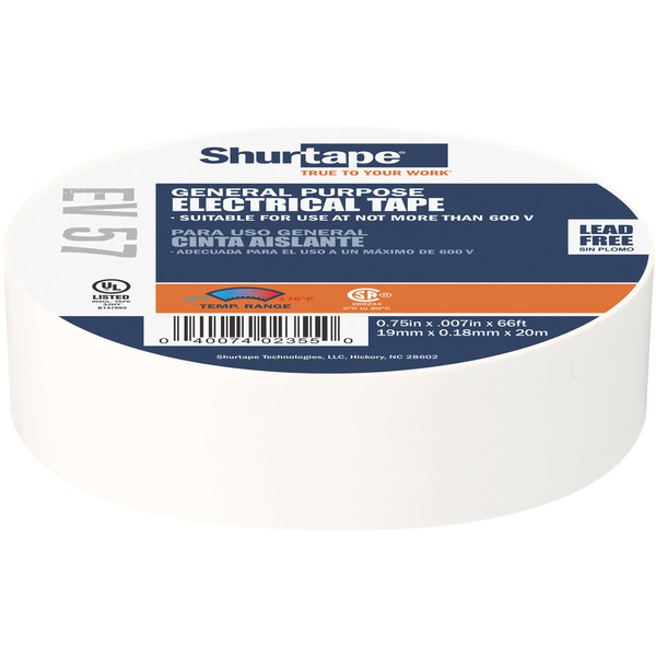 Shurtape Electrical Tape, White, 3/4"X66Ft EV 057C