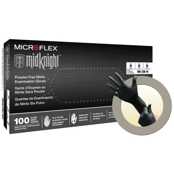 Ansell MidKnight MK-296, Nitrile Disposable Gloves, 4.7 mil Palm, Nitrile, Powder-Free, L (9), 100 PK MK-296