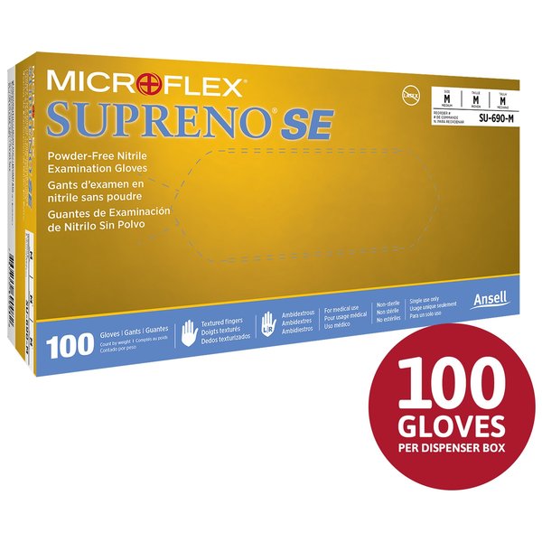 Ansell Supreno SE Nitrile Disposable Gloves, 4.3 mil Palm Thickness, Nitrile, Powder-Free, XL, 100 PK SU-690