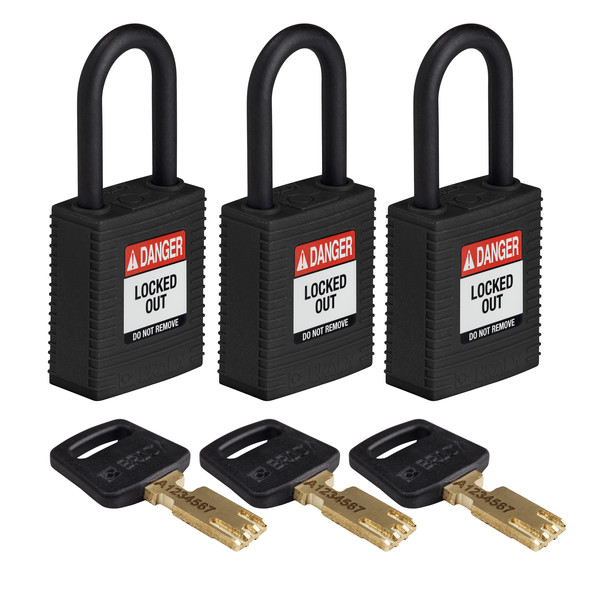 Brady Safekey Lockout Padlock Nylon Black 1.5" Pl NYL-BLK-38PL-KA3PK