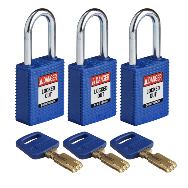 Brady Safekey Lockout Padlock Nylon Blue 1.5" Ste NYL-BLU-38ST-KA3PK