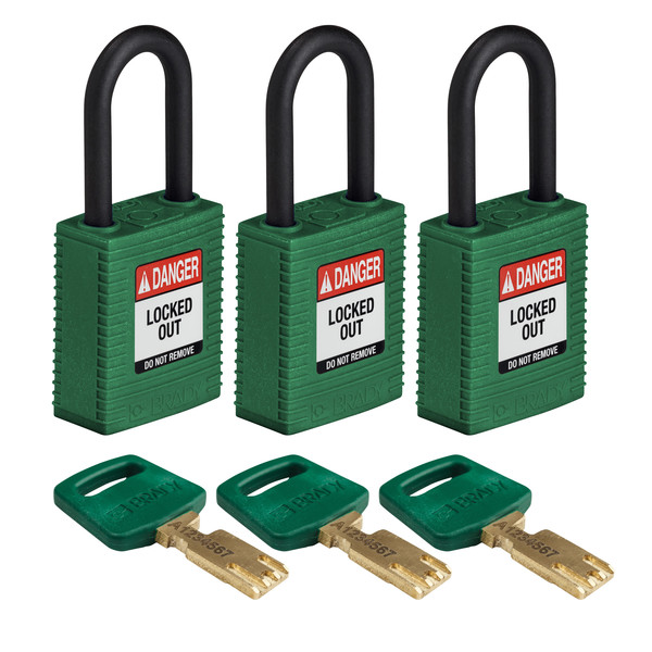 Brady Safekey Lockout Padlock Nylon Green 1.5" Pl NYL-GRN-38PL-KA3PK