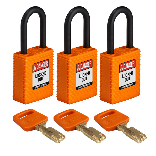 Brady Safekey Lockout Padlock Nylon Orange 1.5" P NYL-ORG-38PL-KA3PK