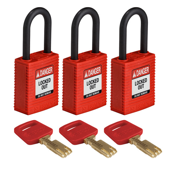 Brady Safekey Lockout Padlock Nylon Red 1.5" Plas NYL-RED-38PL-KA3PK