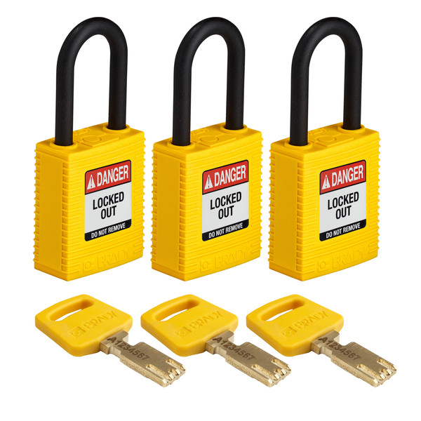 Brady Safekey Lockout Padlock Nylon Yellow 1.5" P NYL-YLW-38PL-KA3PK