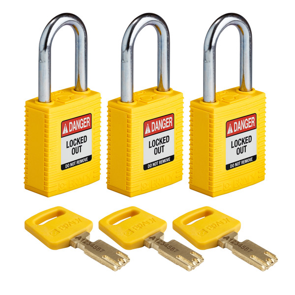 Brady Safekey Lockout Padlock Nylon Yellow 1.5" S NYL-YLW-38ST-KA3PK