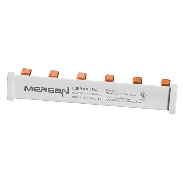 Mersen Bus Bar, 100 to 200A Amp Range, CC, Midget UL Class, 6 Poles, Comb Bus Bar, Midget Fuse Type USBB1PH25K6