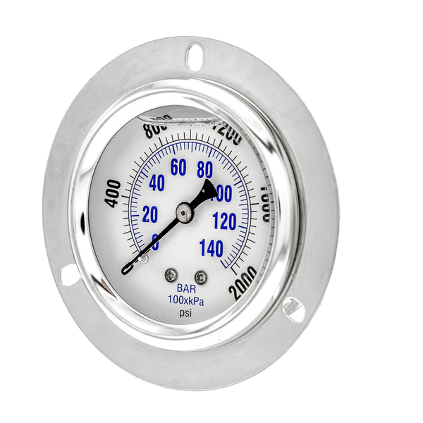 Pic Gauges Gauge, 2.5", 0/2000psi, 1/4"CBM, Frt Flange PRO-204L-254O